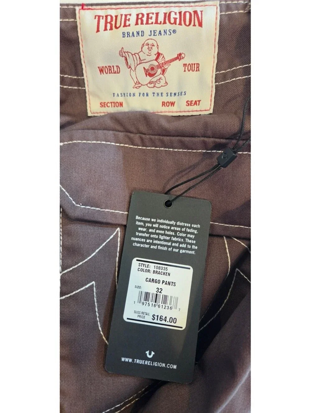 NWT True Religion Men's Warped Horseshoe Baggy Cargo Pants Bracken Brown 32x32